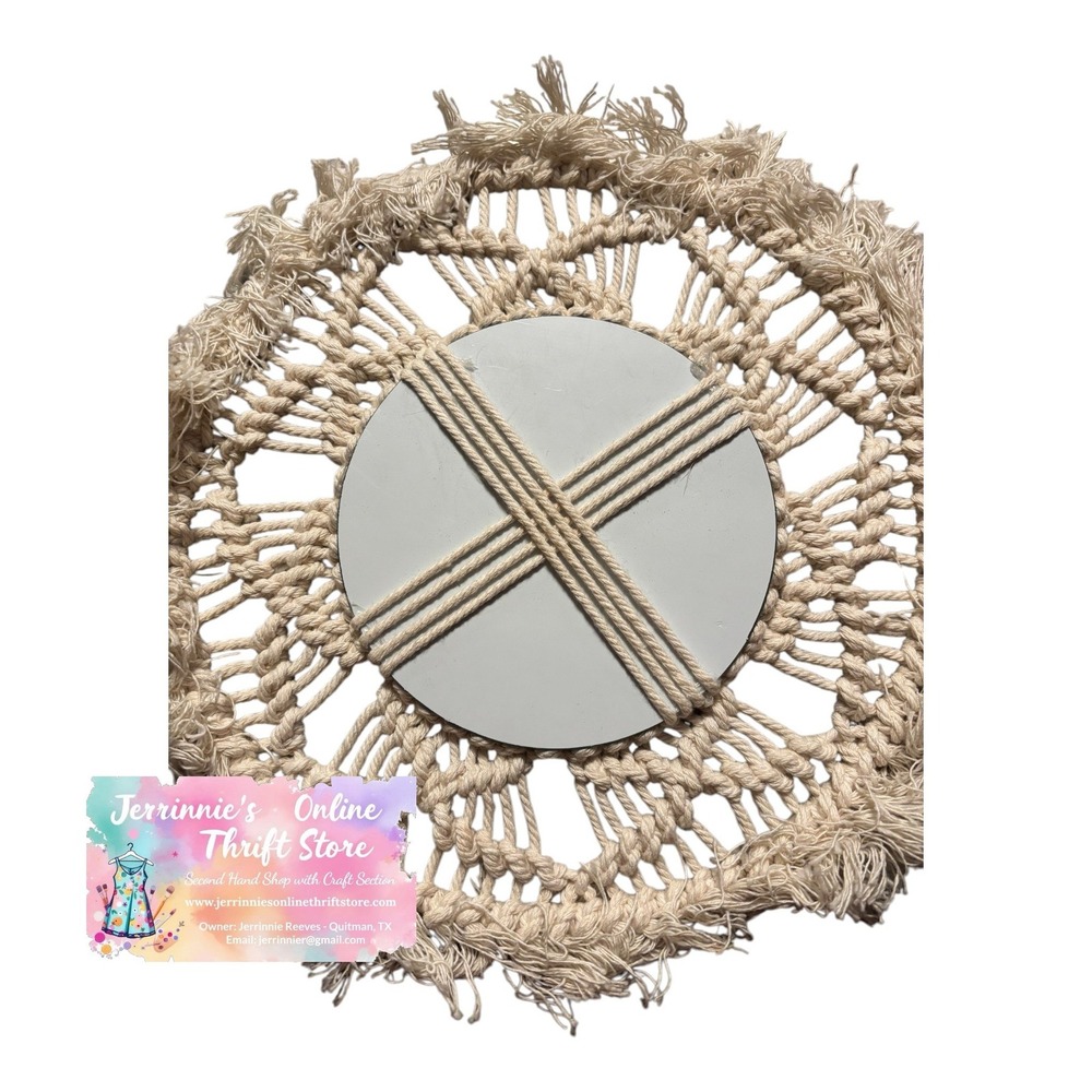 Boho Macrame Magazine Rack and Round Wall Mirror Set Cream Cotton Wood Frame - Picture 4 of 7